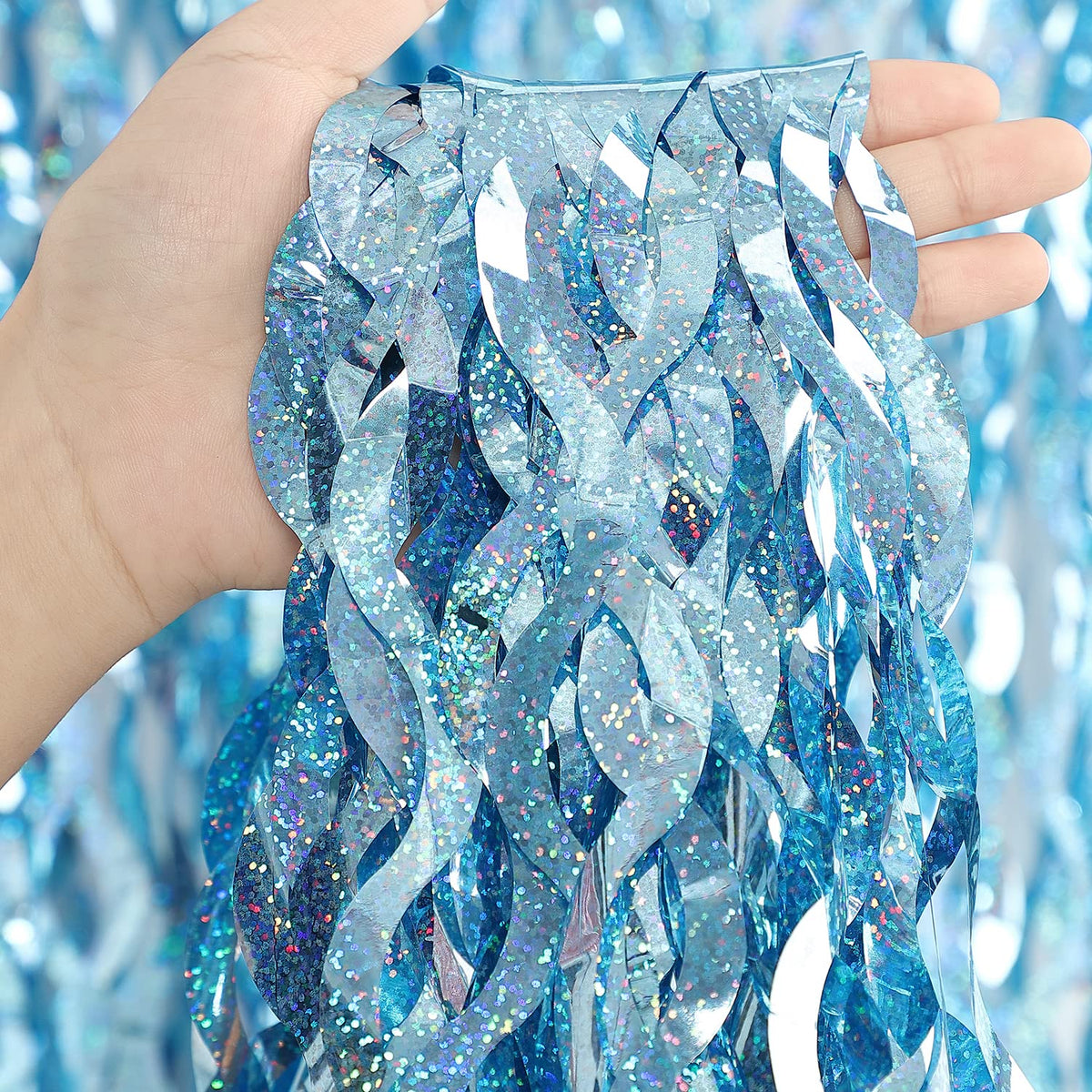 CYLMFC blue tinsel foil fringe curtain side view for photos