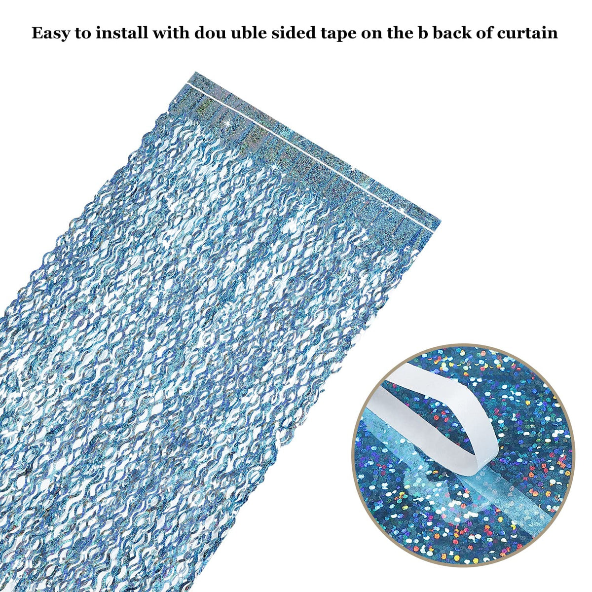 CYLMFC blue tinsel fringe curtain wall backdrop ready to stick