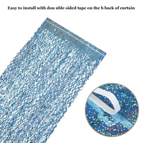 CYLMFC blue tinsel fringe curtain wall backdrop ready to stick