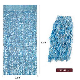 CYLMFC blue tinsel foil fringe curtains pack 3 for wider backdrops