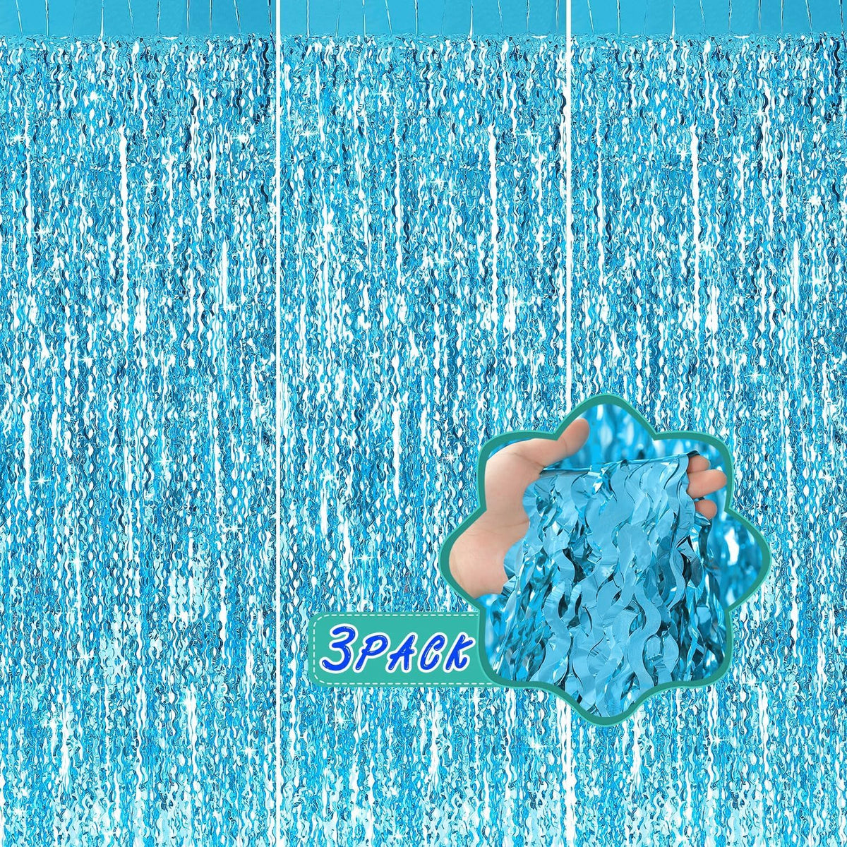 cylmfc blue wavy tinsel curtain backdrop ideal for mermaid party photos.
