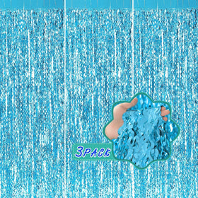 cylmfc blue wavy tinsel curtain backdrop ideal for mermaid party photos.