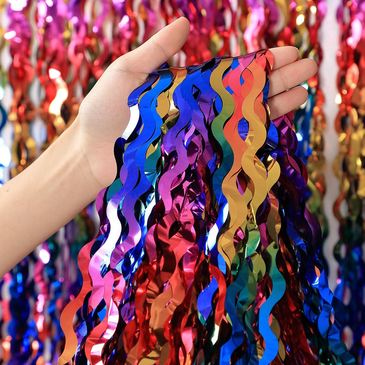 CYLMFC rainbow foil fringe curtain backdrop with shimmering texture for photo booths