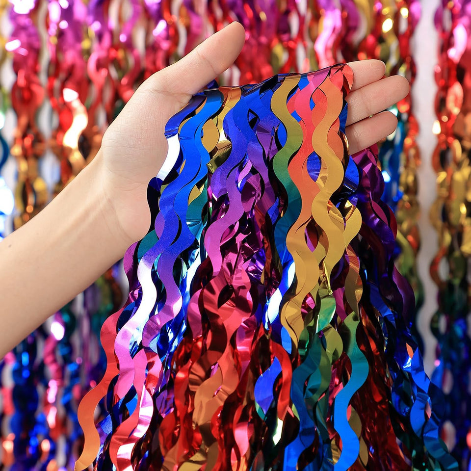 CYLMFC rainbow foil fringe curtain backdrop with shimmering texture for photo booths