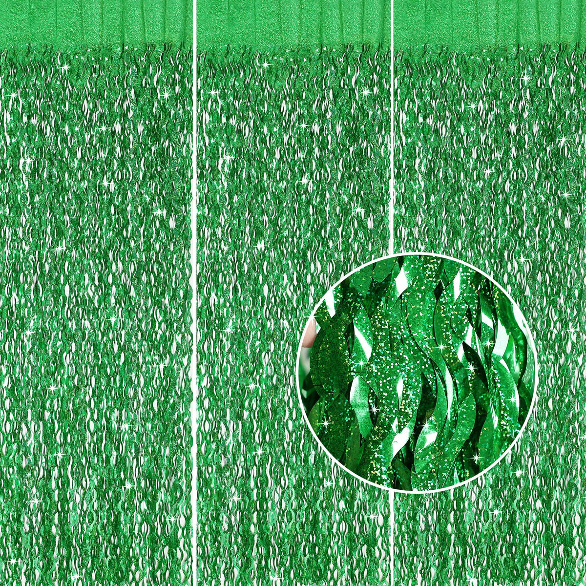 CYLMFC green foil backdrop curtain 3-pack adds sparkle for photos.