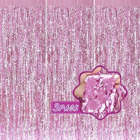 CYLMFC pink foil fringe curtain front view, adds vibrant backdrop for photo-worthy moments.