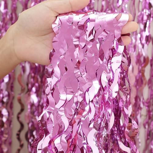 CYLMFC pink fringe curtain showcases wavy shape and reflective shine for festive atmospheres.