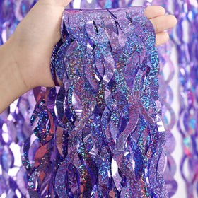 CYLMFC purple foil fringe curtain backdrop setup adds instant sparkle to party photos.