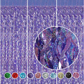 CYLMFC purple fringe curtain closeup shows shiny waves for festive ambiance.