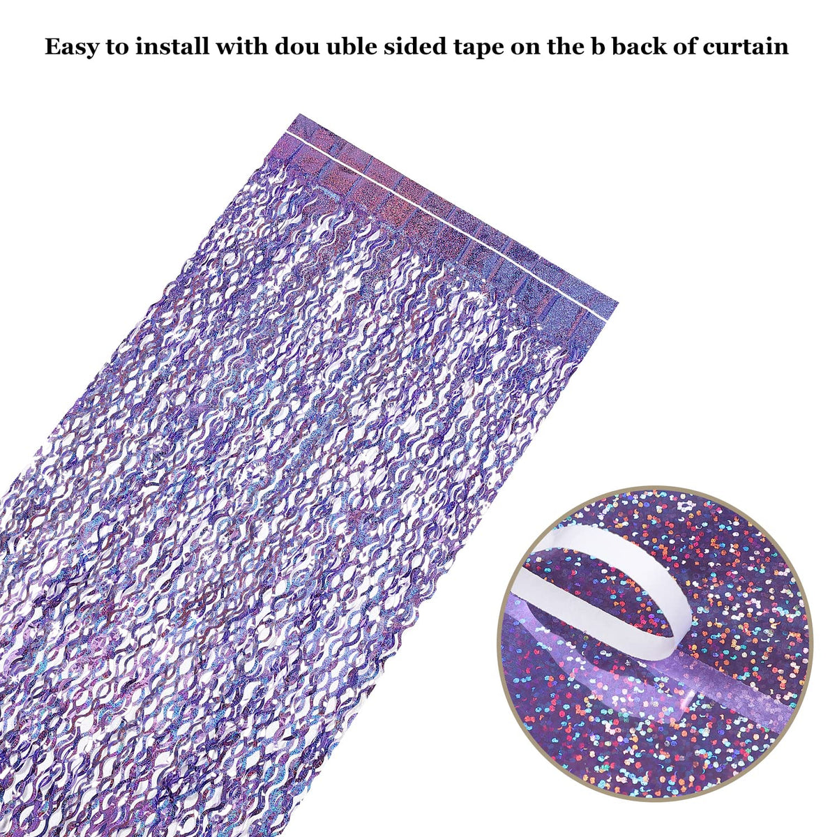 CYLMFC purple foil fringe curtain as photo backdrop for birthdays and holidays.