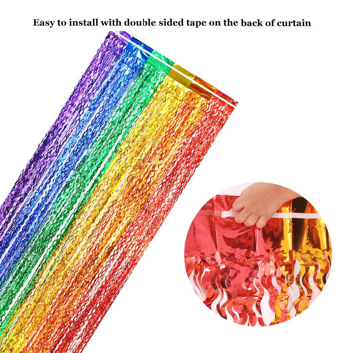 CYLMFC rainbow foil curtain birthday decor adds sparkle.