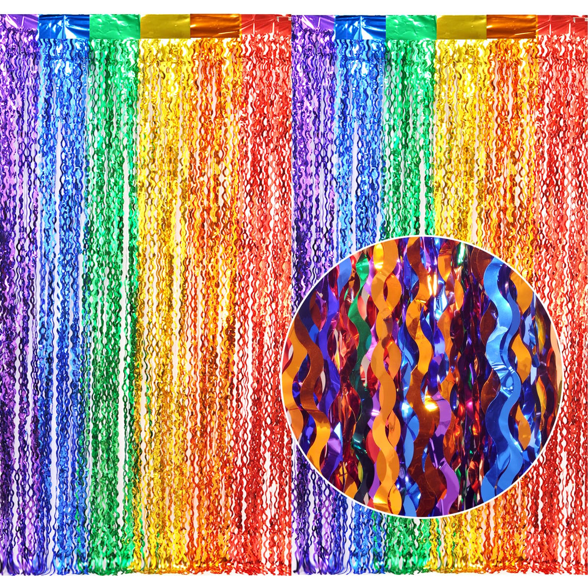 CYLMFC rainbow foil curtain wedding setup for elegant reception decor.