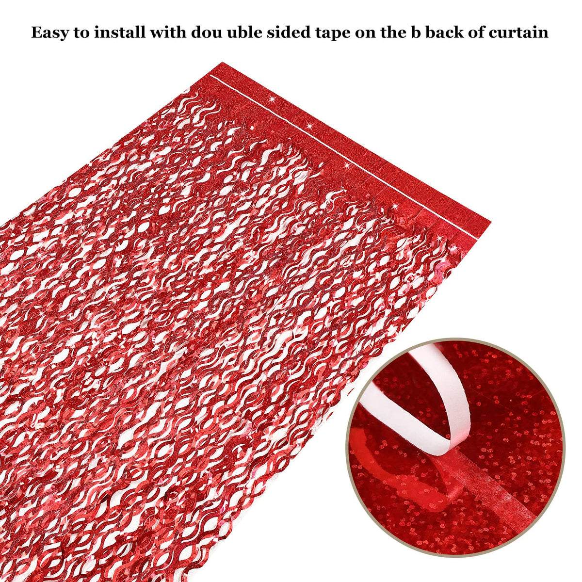 CYLMFC red foil curtain close-up shows shiny, wavy fringe texture for party ambiance