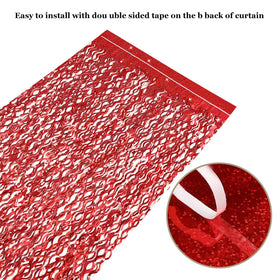 CYLMFC red foil curtain close-up shows shiny, wavy fringe texture for party ambiance