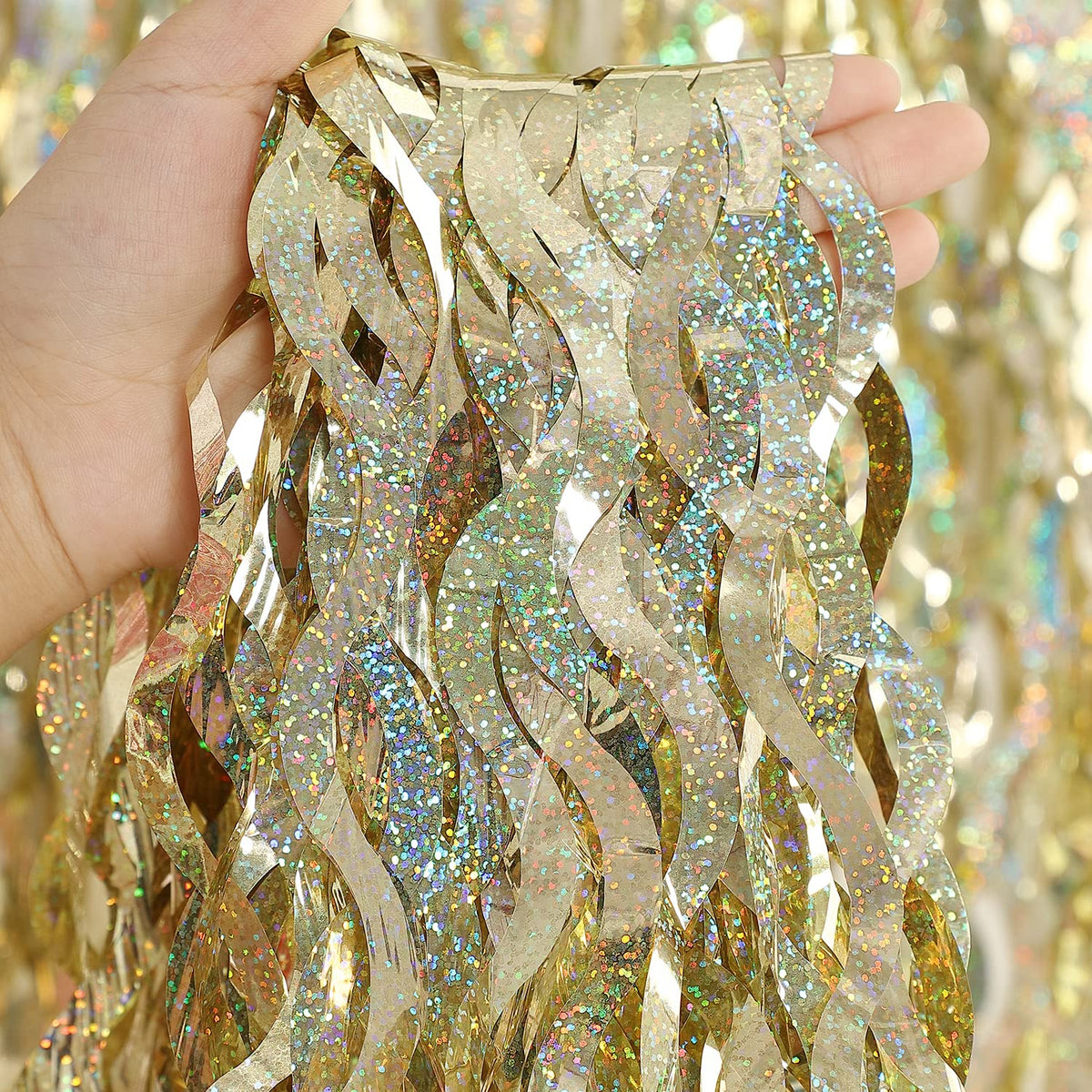 CYLMFC shiny foil fringe curtain close-up highlights sparkle for festive setups