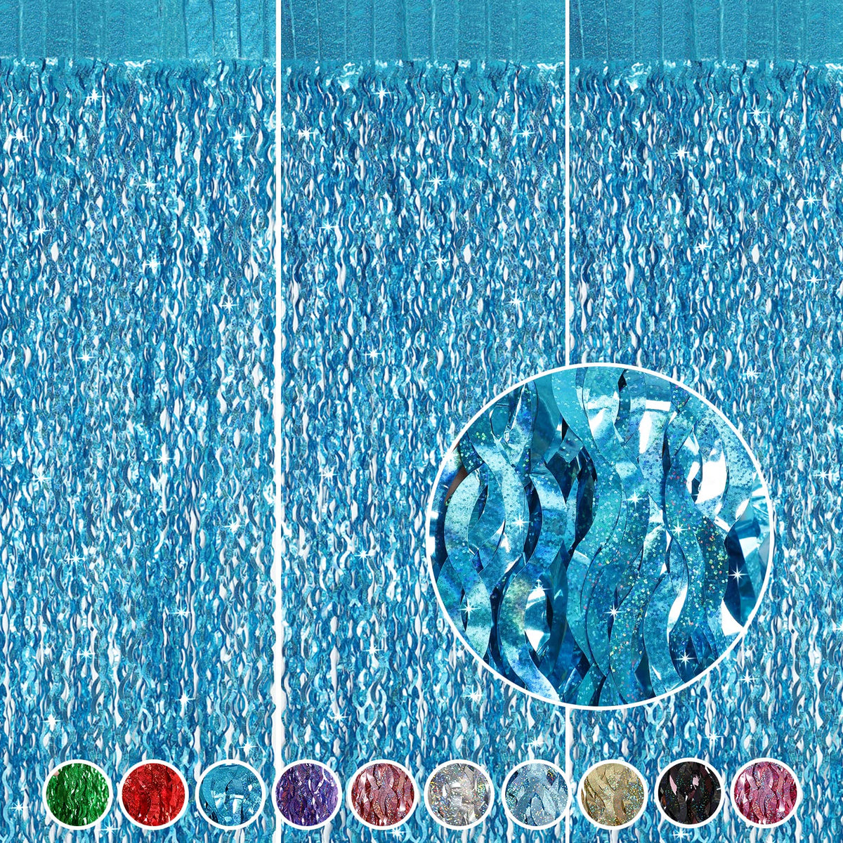 CYLMFC teal foil fringe curtain pack 1 adds a sparkling party backdrop