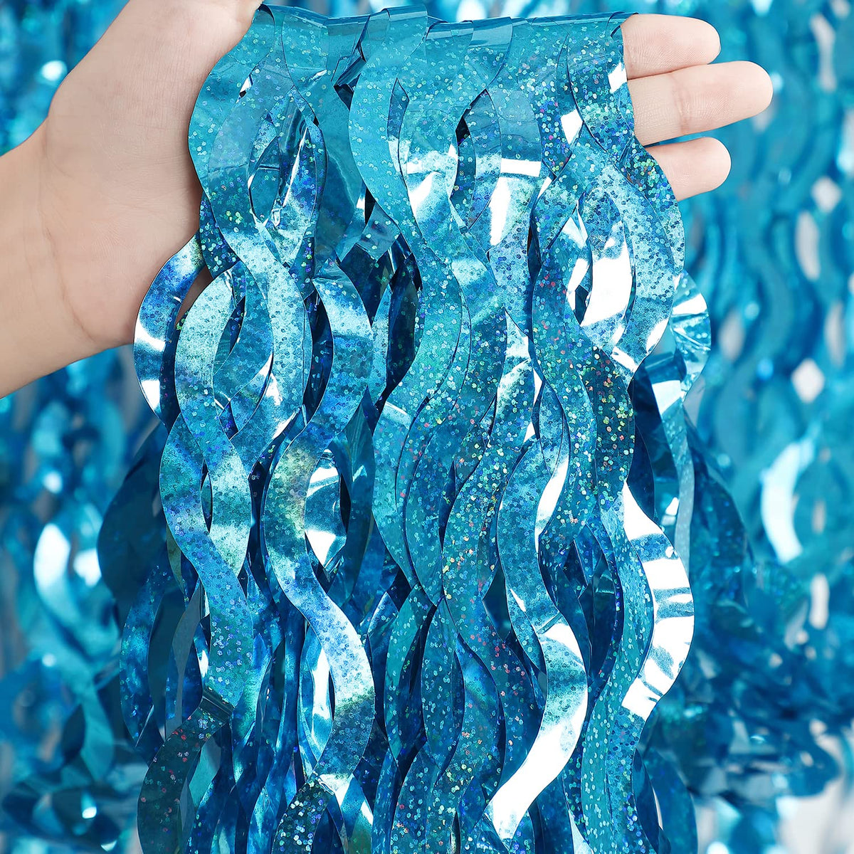 CYLMFC teal foil fringe curtain pack 2 creates a festive, photo-ready scene