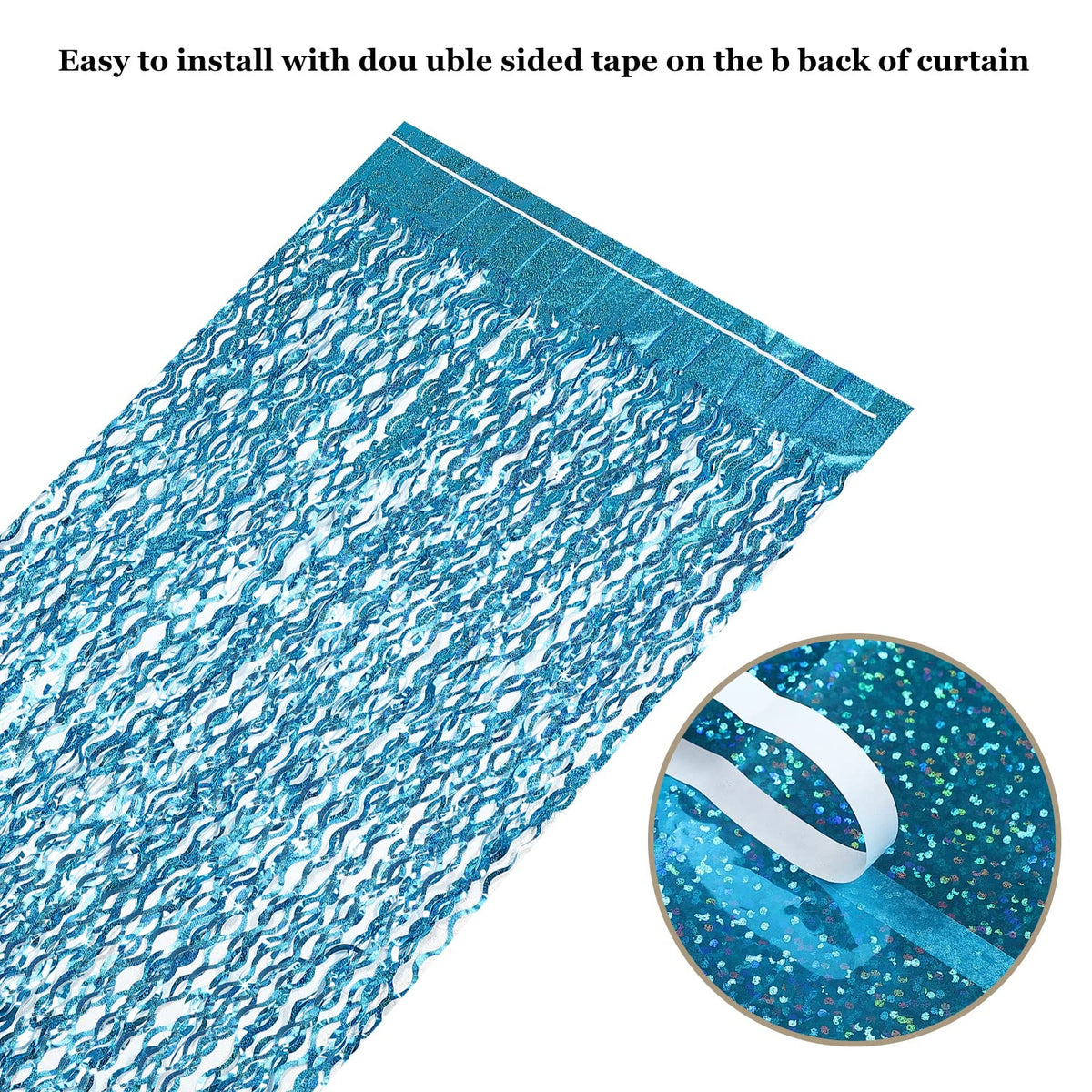 CYLMFC teal foil fringe curtain on wall demonstrates quick setup