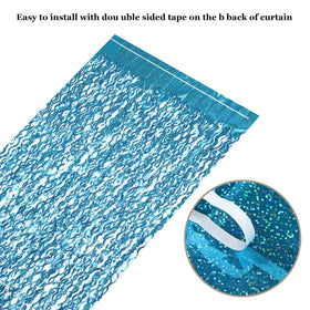 CYLMFC teal foil fringe curtain on wall demonstrates quick setup