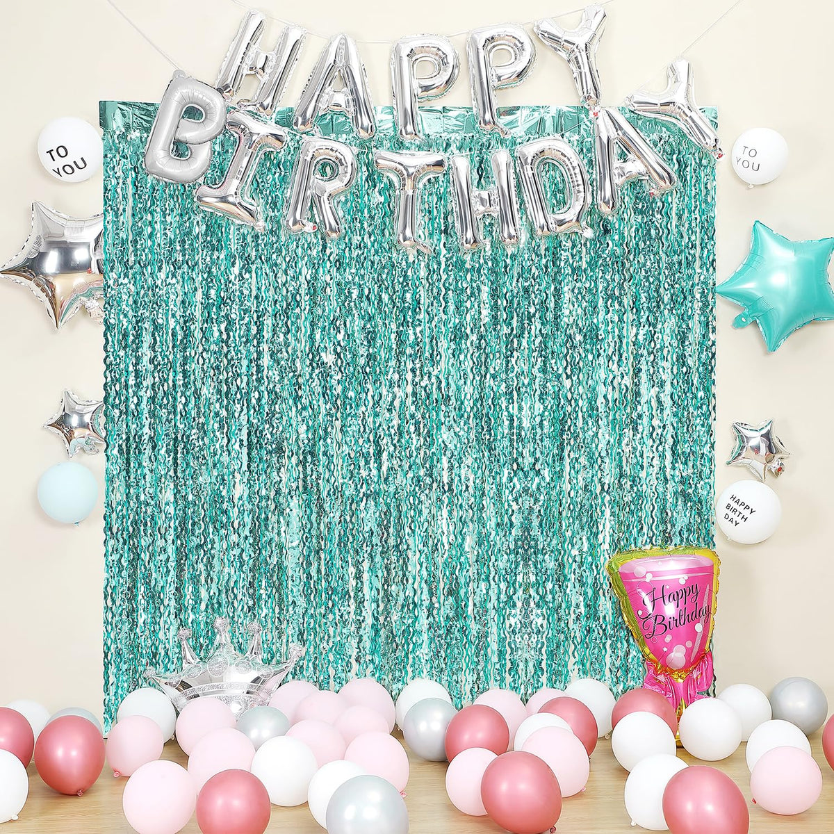 CYLMFC teal wave foil curtain ships ready-to-hang for quick setup