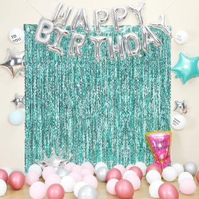 CYLMFC teal wave foil curtain ships ready-to-hang for quick setup