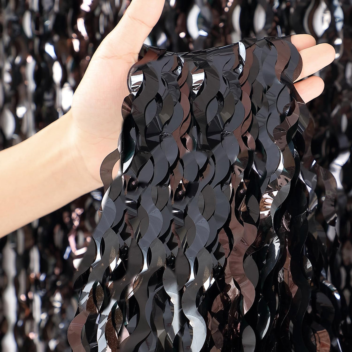CYLMFC three-pack black wavy tinsel curtain backdrop enhances party photos