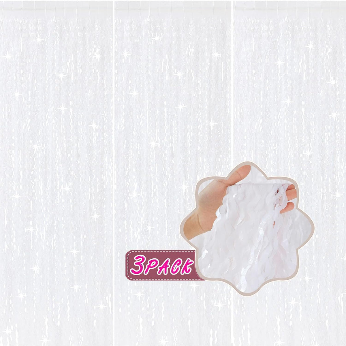 CYLMFC wavy white metallic tinsel curtain backdrop for photo booths and parties