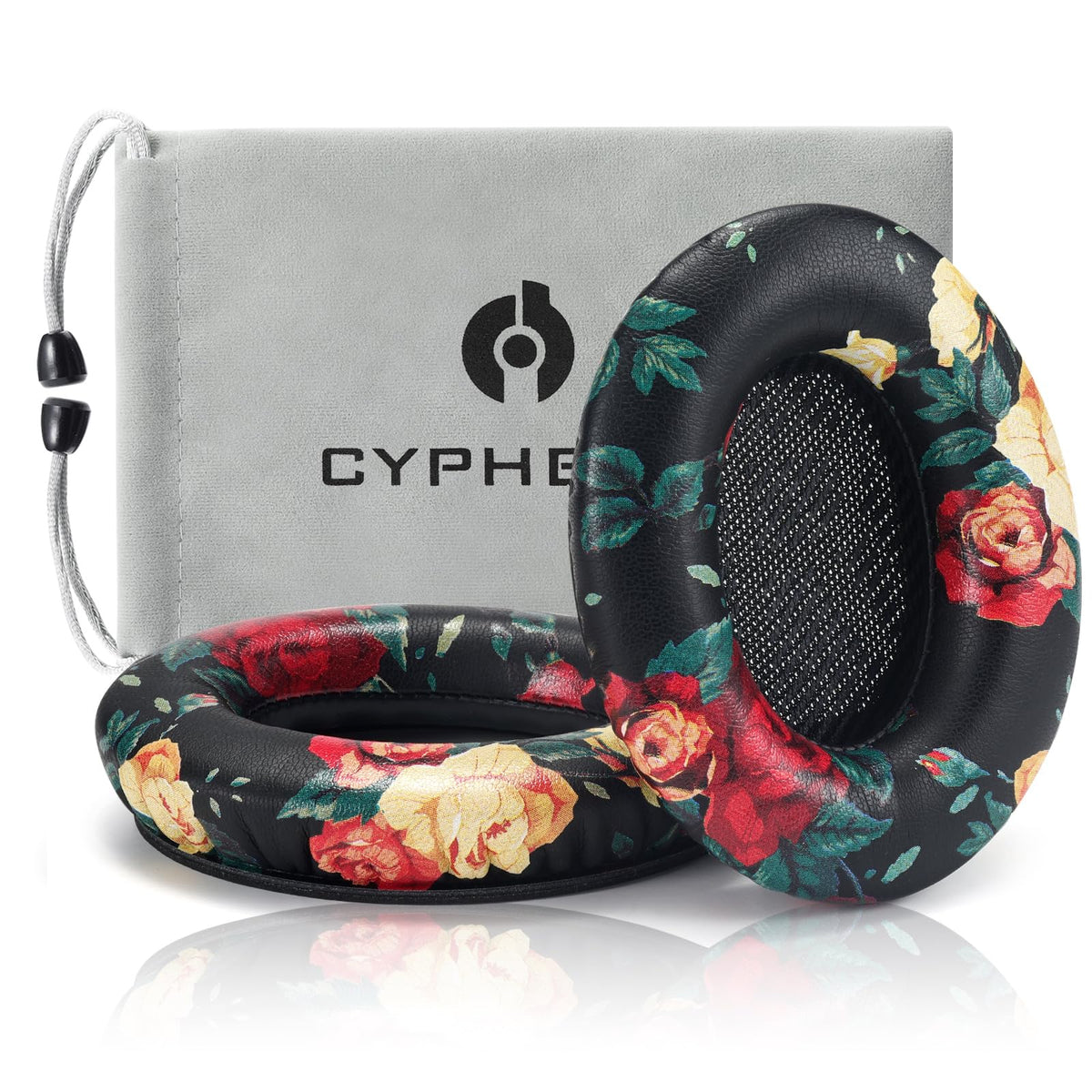 Cypher.V ear pads flower black front view with soft leather and memory foam fit