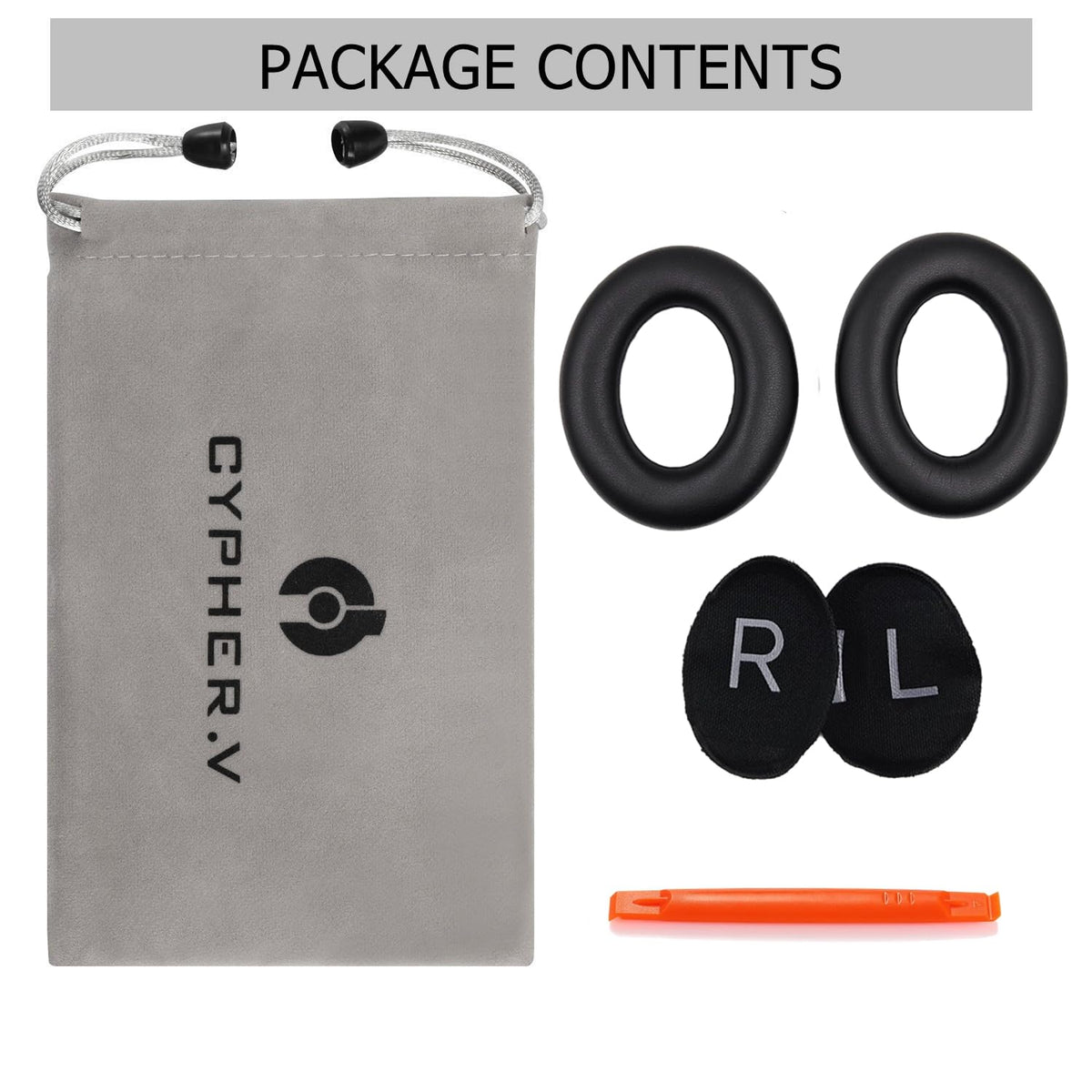 Cypher.V ear pads packaging soft bag for secure storage.