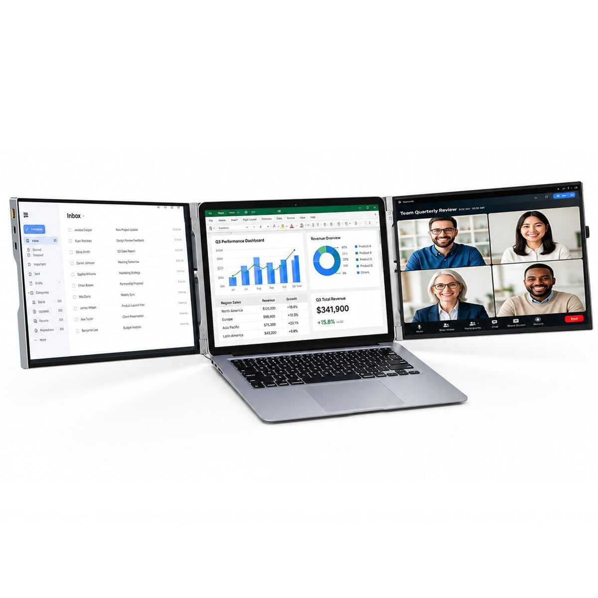 CZGG triple-monitor setup expands workspace for multitasking on the go.