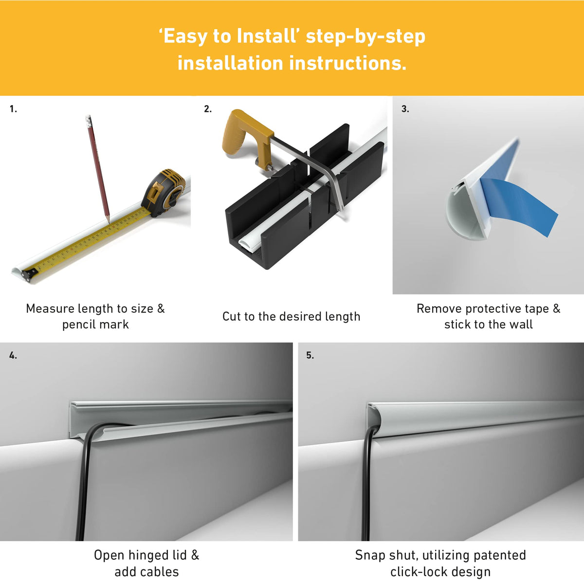 Adhesive-backed cord concealer installs quickly for fast cable concealment.