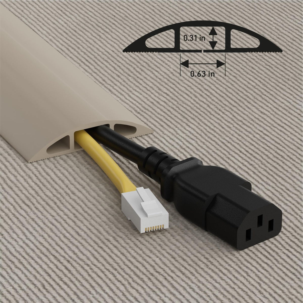 Beige D-Line cord cover protects two cables in a slim channel.