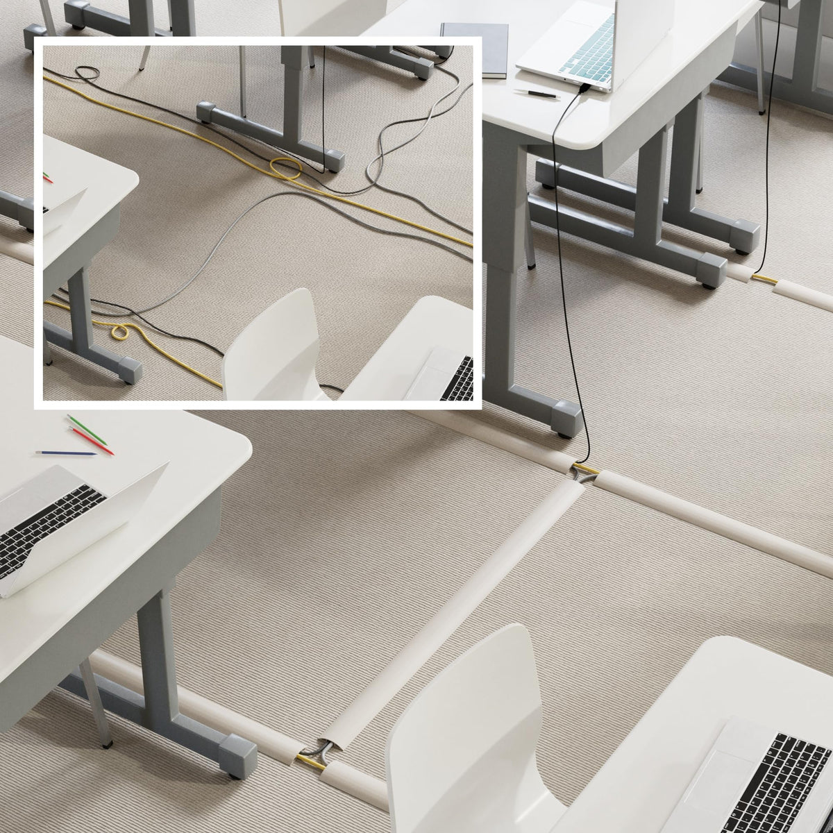 Beige D-Line cord cover can be cut to size with a utility knife.