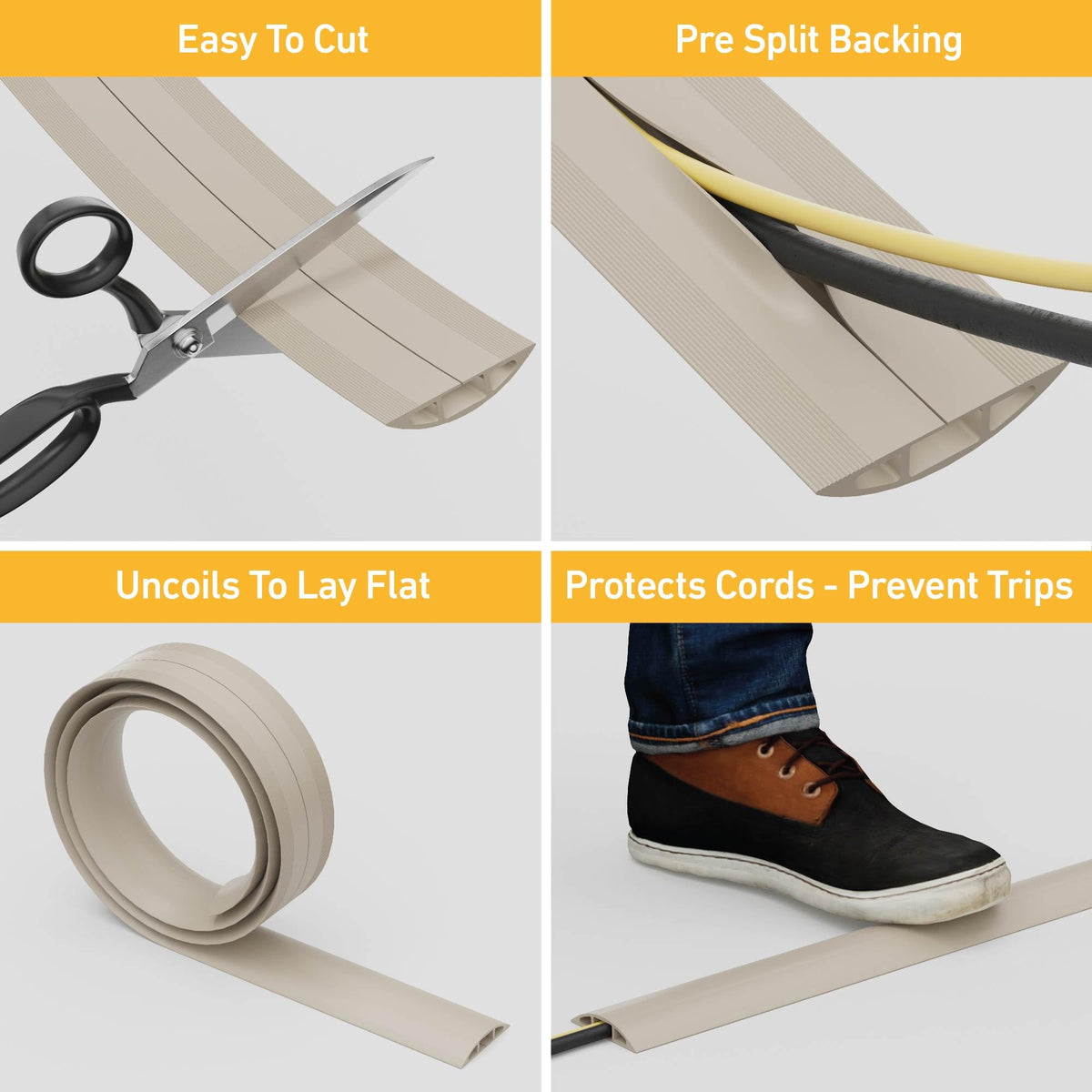 D-Line 6ft floor cord cover uncoils to lay flat for easy setup.