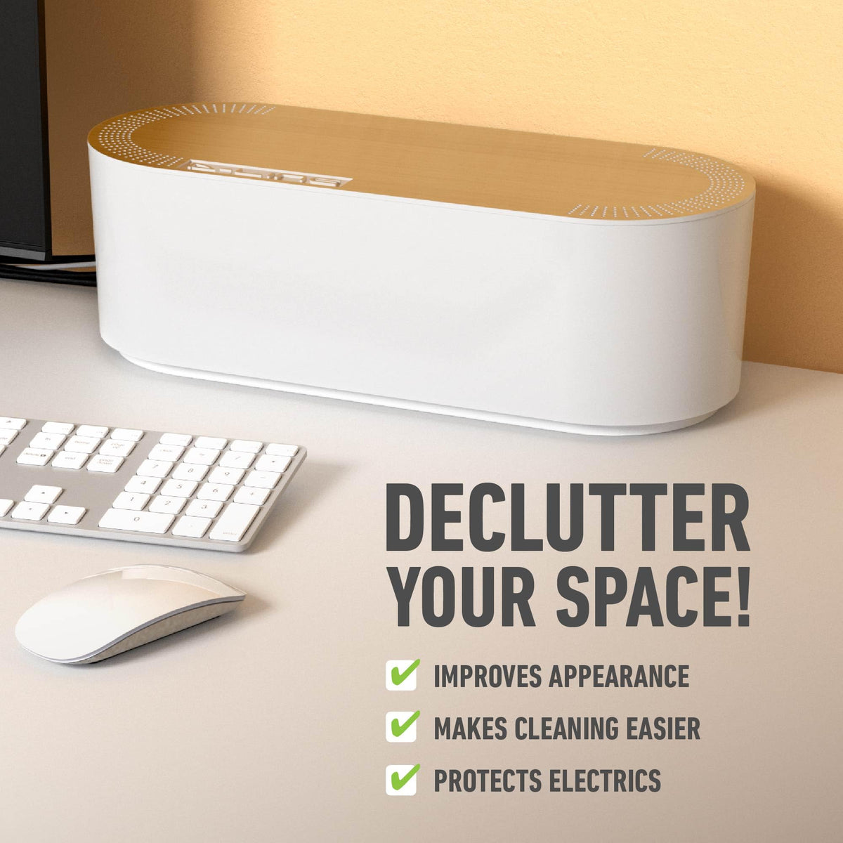 D-Line open box with power strip inside demonstrating organized cord storage benefit