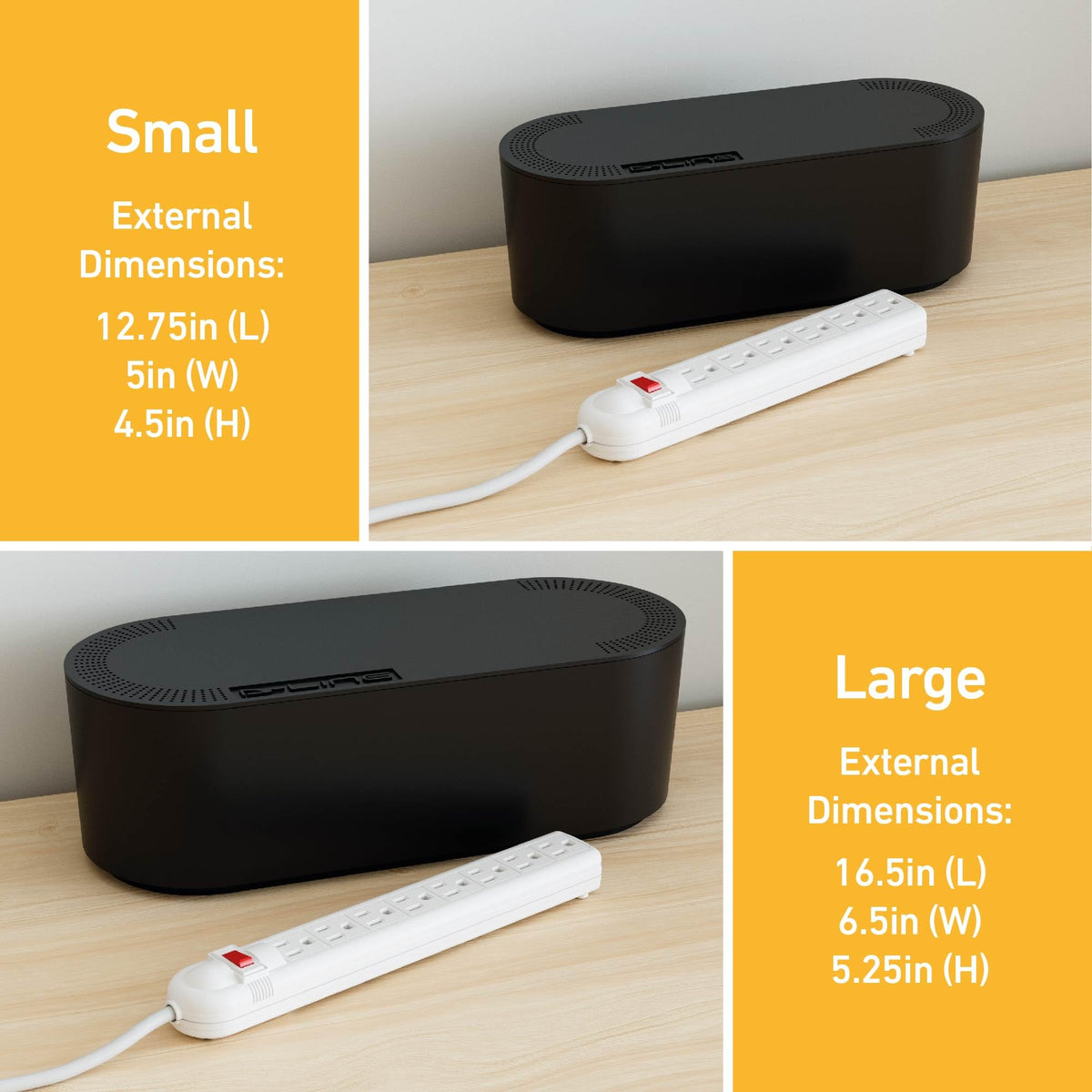 D-Line small with power strip inside keeps cords organized and out of sight.