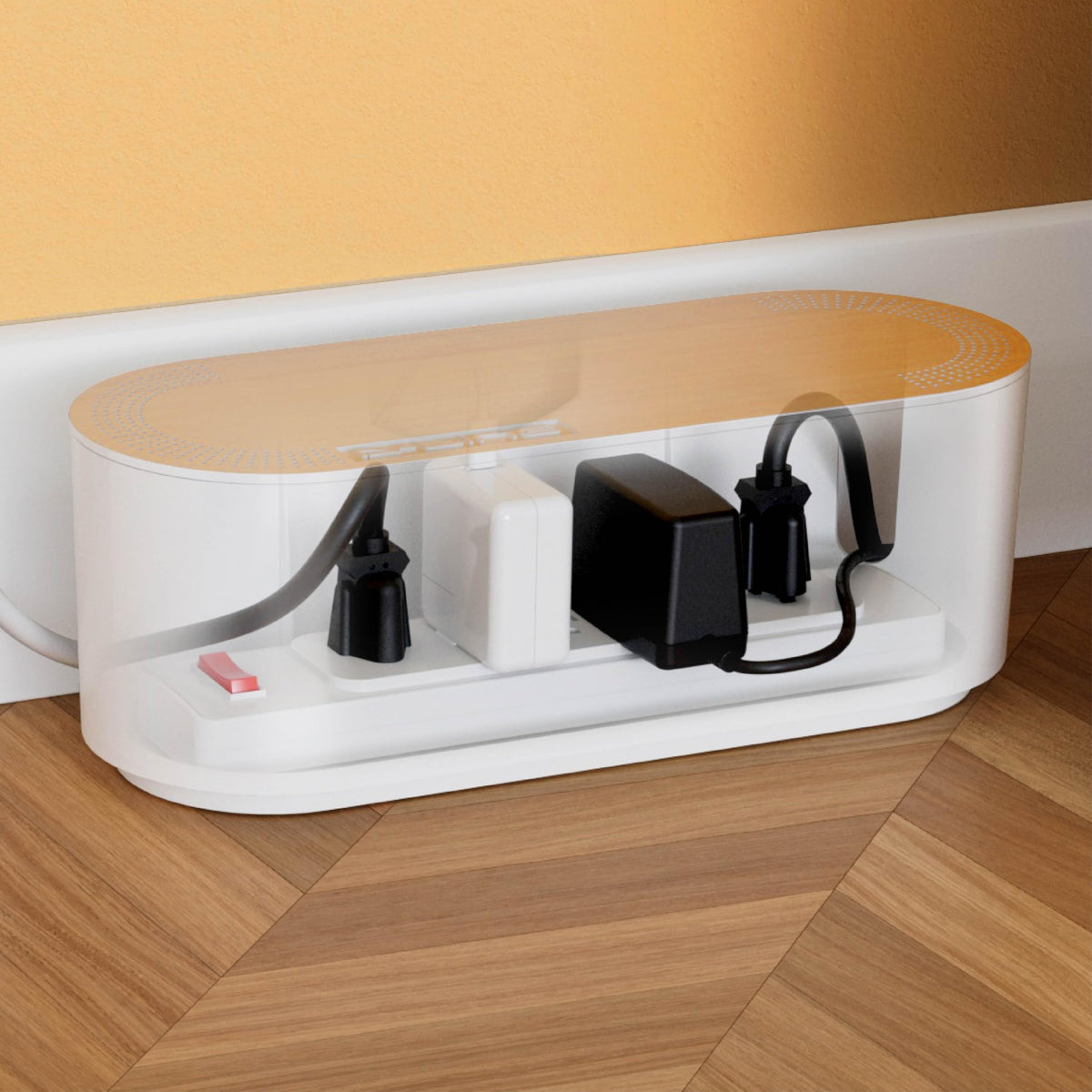 D-Line box on kitchen counter conceals chargers and cables