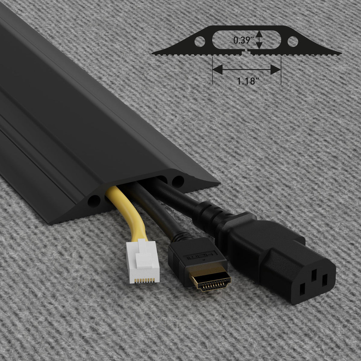D-Line floor cord cover with coiled design uncoiling to lay flat on the floor.