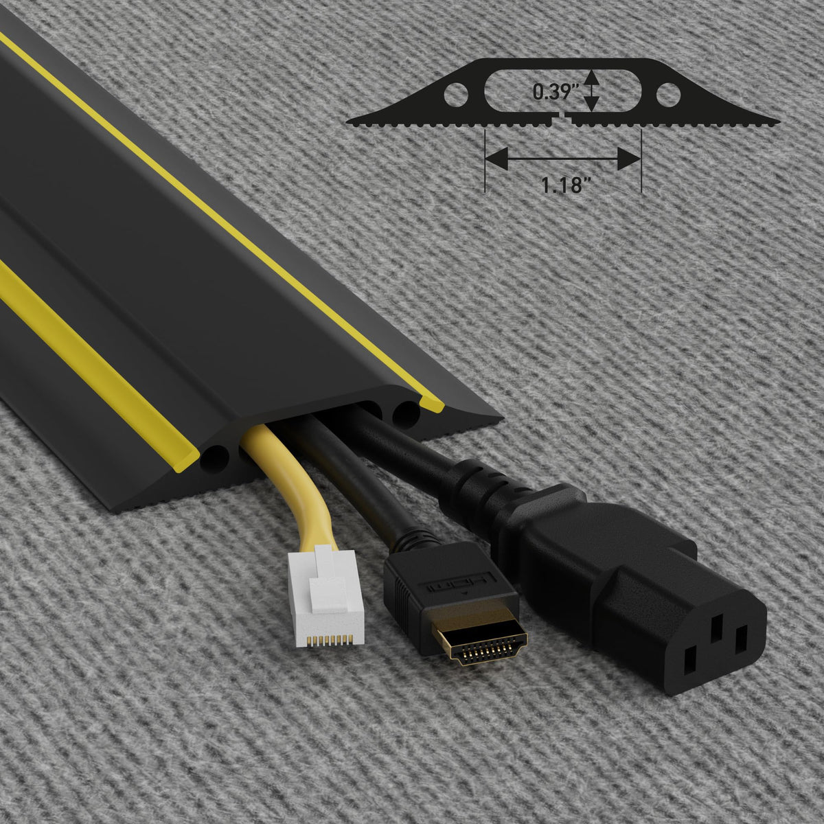 D-Line cord cover with tapered design prevents trips in high-traffic areas.