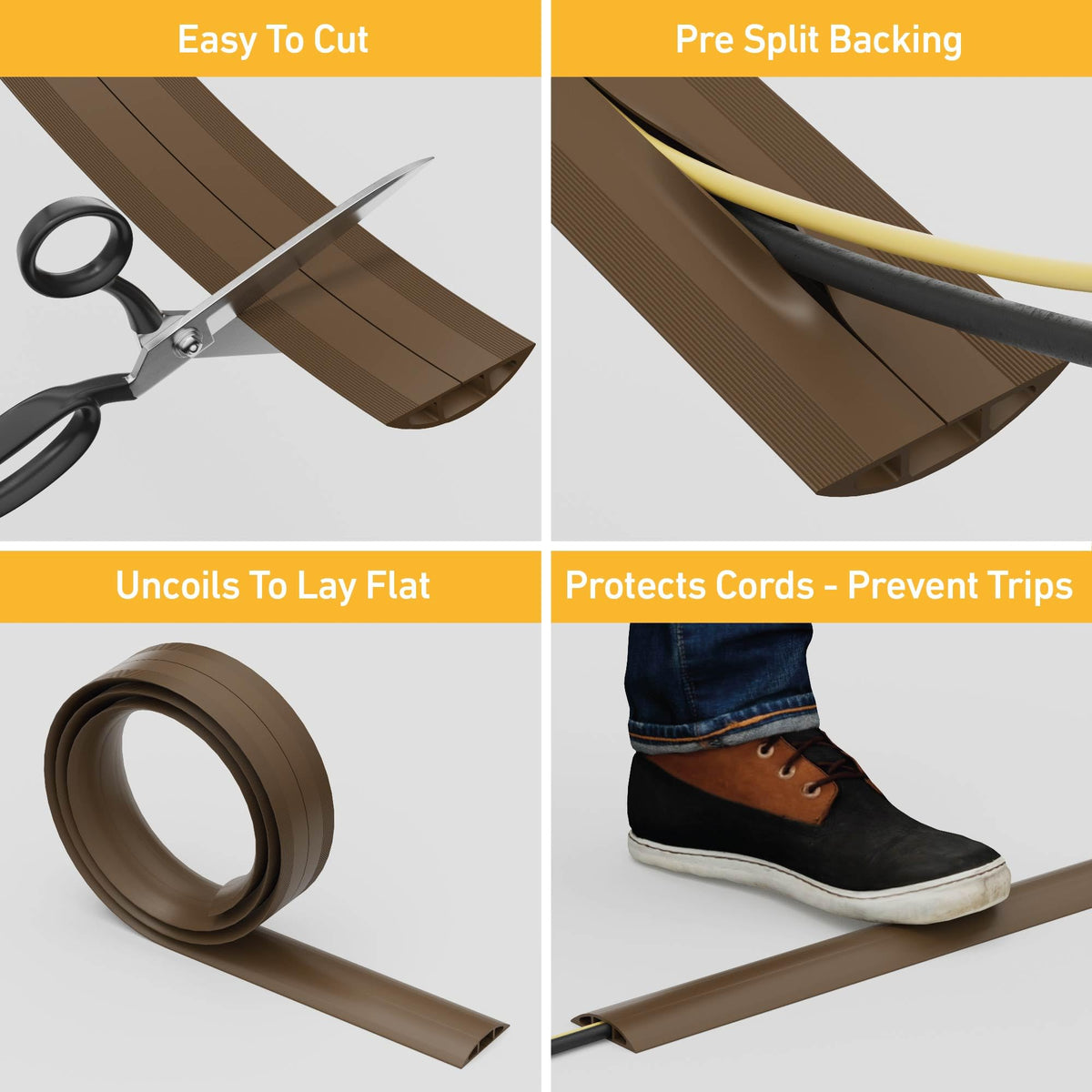 D-Line ribbed-base floor cord cover provides secure grip on floors.