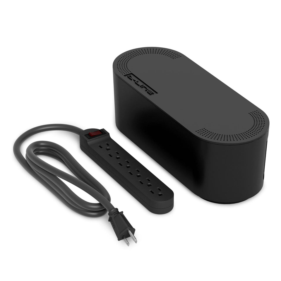 D-Line front view showing box and included power strip for tidy surfaces