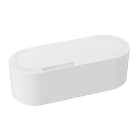 D-Line front view of white cable management box showing clean look and organization