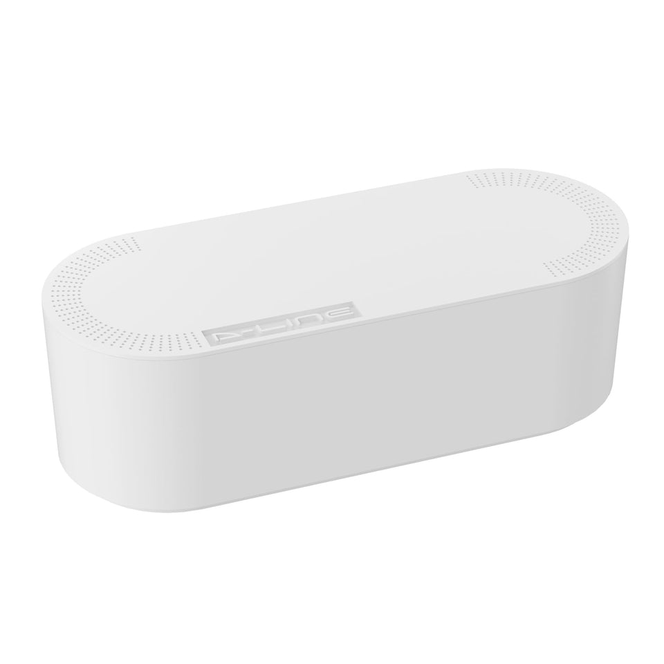 D-Line front view of white cable management box showing clean look and organization