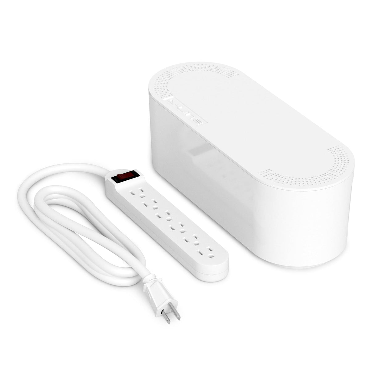 D-Line front view of white cable management box showing clean appearance and organized wires