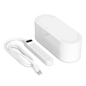 D-Line front view of white cable management box showing clean appearance and organized wires