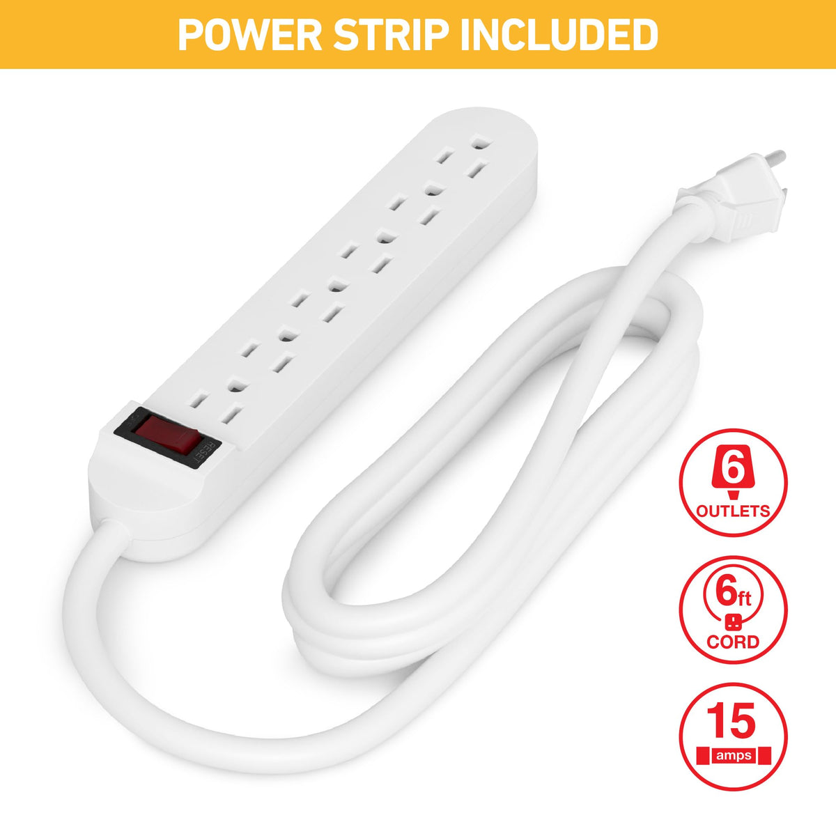 D-Line open box displaying the included 6-outlet power strip and concealed cords benefit