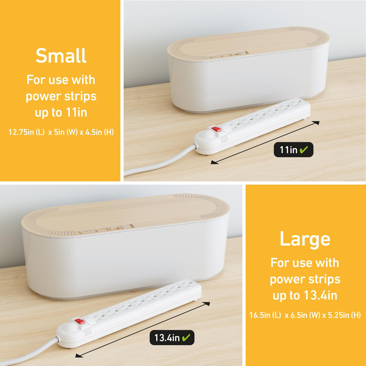 D-Line open box inside showing included 6-outlet power strip and organized wires benefit