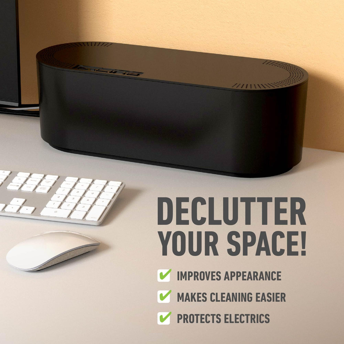 D-Line open box with power strip inside demonstrating safe storage and accessibility