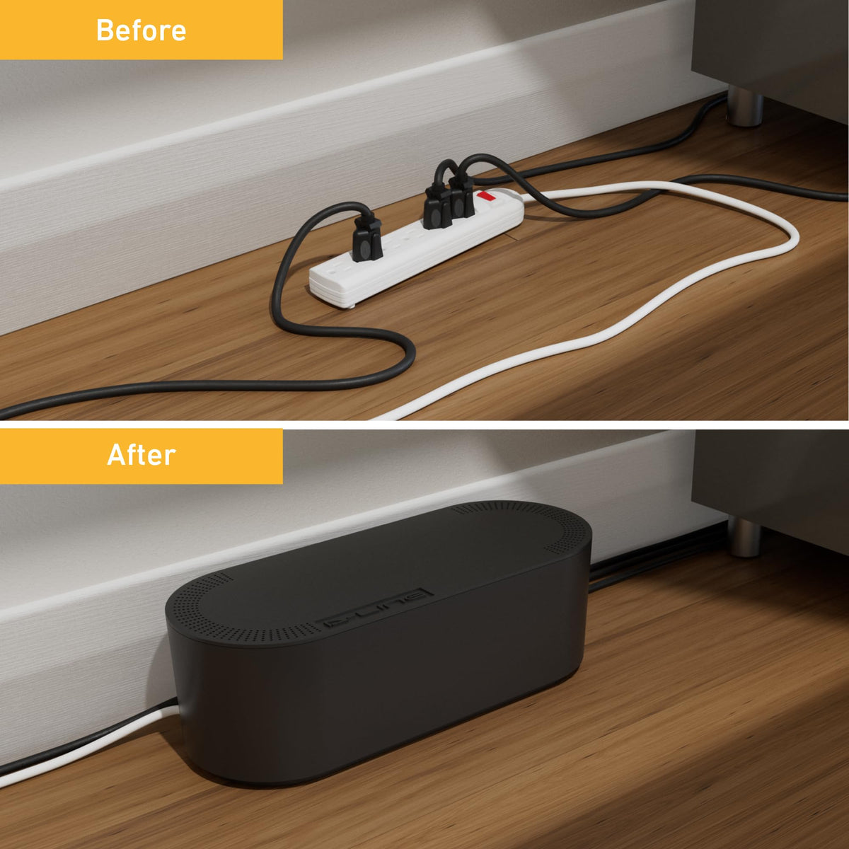 D-Line power strip close-up with on/off switch and six outlets for convenient control