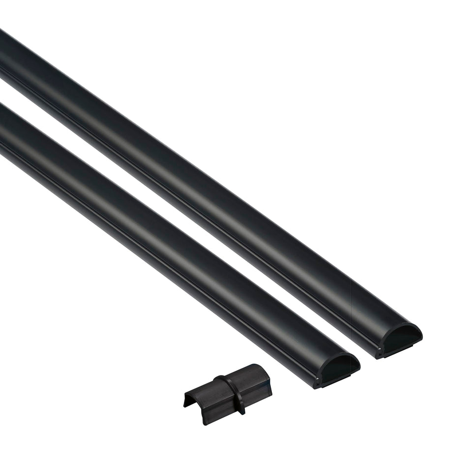 D-Line tv cord hider with half-round black profile hides wall cables neatly.